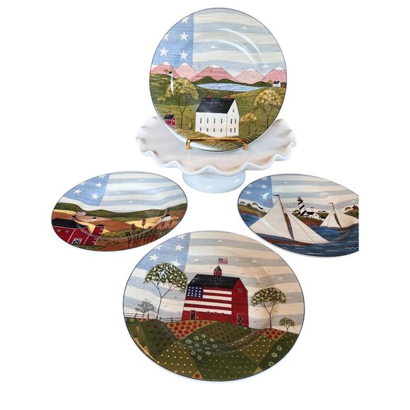 VTG Warren Kimble Americana Themed Dessert Plates Patriotic Scenes Stoneware 8" - Picture 8 of 13